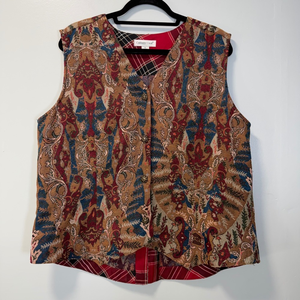 Vintage Coldwater Creek XL Paisley Boho Artsy Tapestry Vest Red Plaid Lining